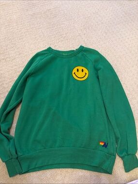 Aviator Nation Green Crewneck Sweatshirt with Yellow Smiley Patch